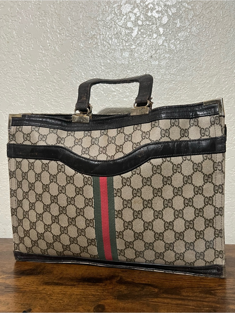 Gucci Beige Monogram Canvas Briefcase with Red & Green Web Stripe